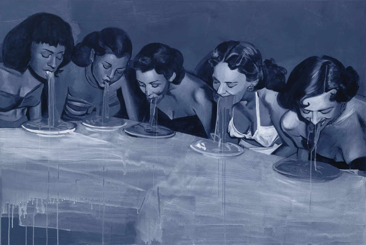 Copyright Giulia Andreani, Nudeltisch II (Spaghetti, bitch), 2022. Acrylique sur toile - 124 x 183 cm Courtesy de l'artiste et de la Galerie Max Hetzler Berlin, Paris, Londres, Marfa. Photo : Charles Duprat © Adagp, Paris, 2025